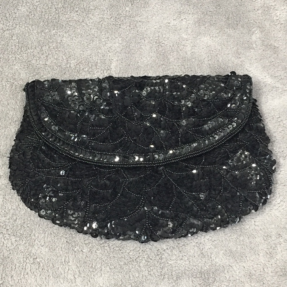 Clutch purse, black, shimmering beaded